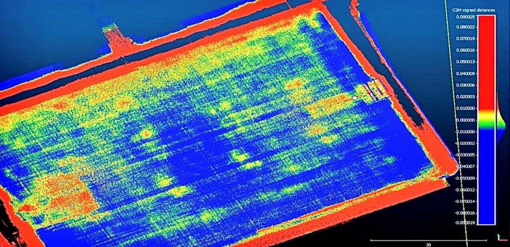 Vérification conformité béton Carte thermique 3D illustrant la vérification de conformité d’un coulage de dalle en béton sur chantier.